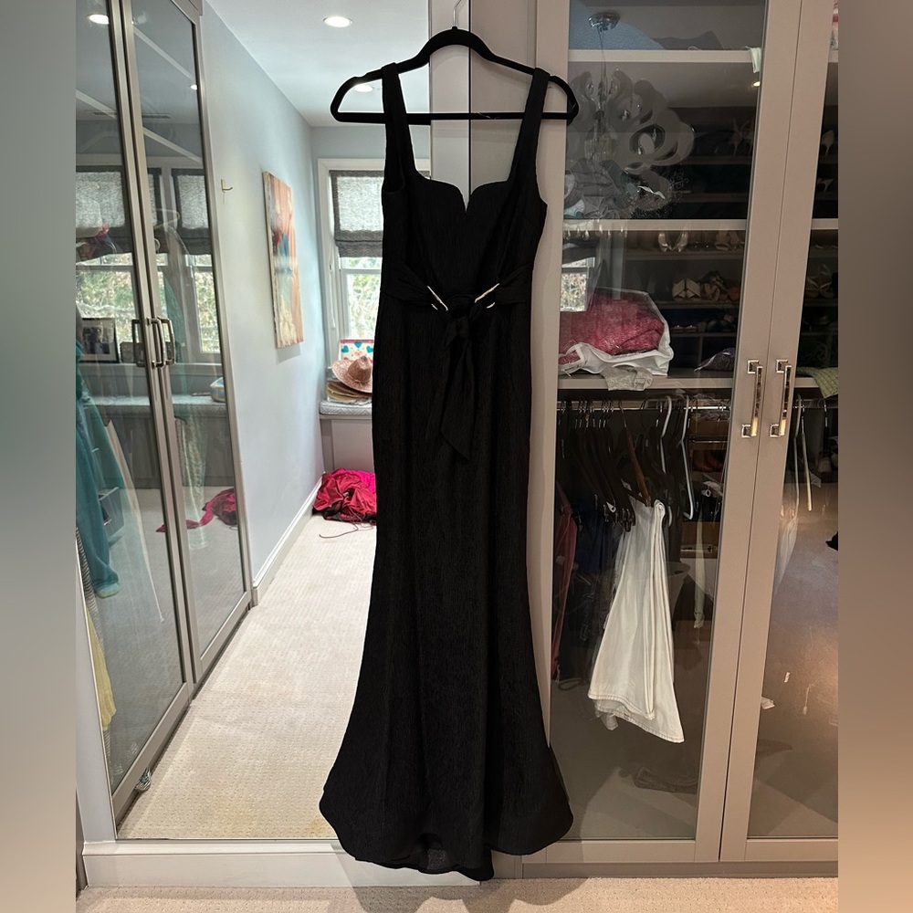 Rebecca Vallance Black Gown with front cinch belt
